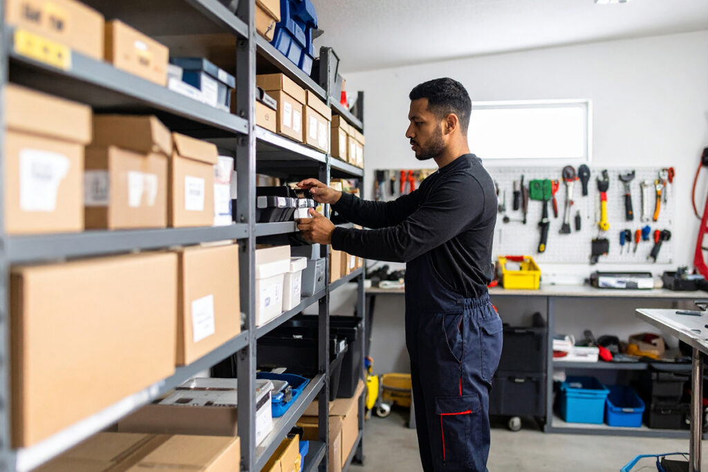 Contractor organizing building supplies in a workshop – Northland Building Supplies helps Edmonton builders stock up for fall garage projects.