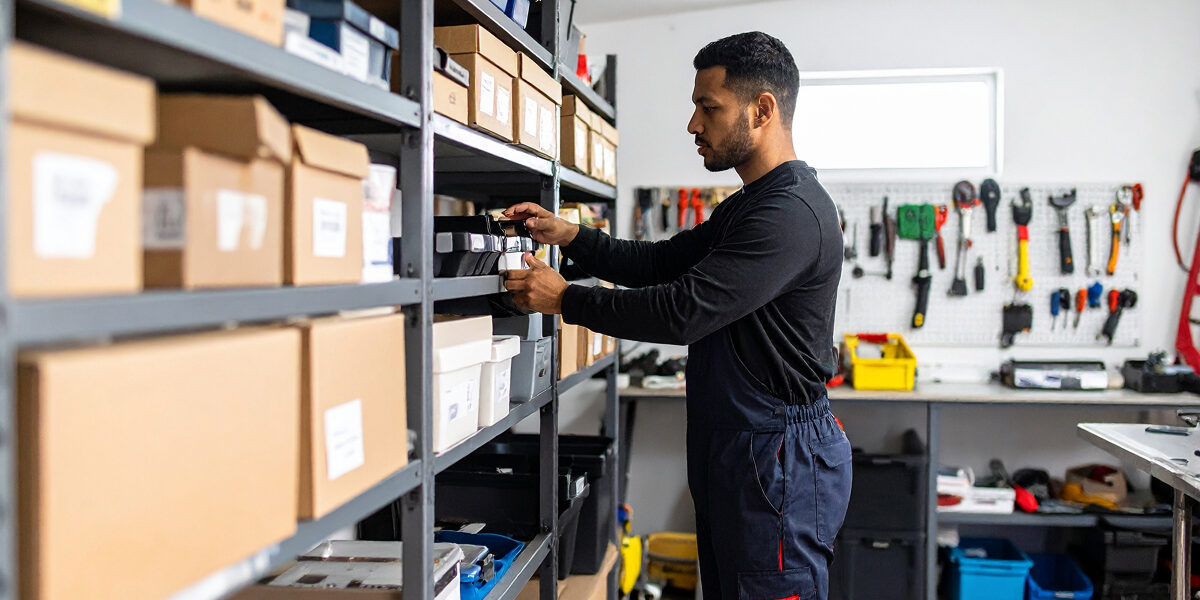Contractor organizing building supplies in a workshop – Northland Building Supplies helps Edmonton builders stock up for fall garage projects.