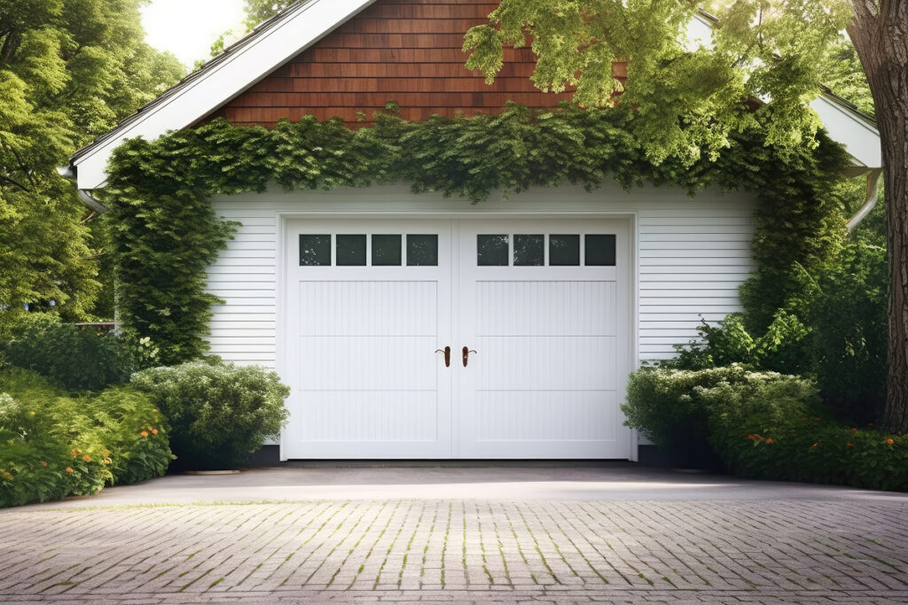 A beautiful garage gleams in the sunlight, surrounded by lush bushes. Northland Building Supplies is ready to help you build the garage of your dreams today.