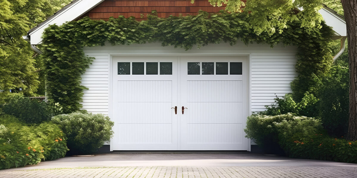 A beautiful garage gleams in the sunlight, surrounded by lush bushes. Northland Building Supplies is ready to help you build the garage of your dreams today.