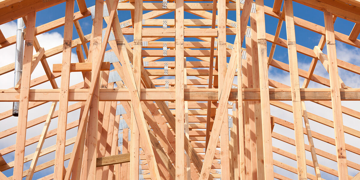 A close up shot of the structural framing of a garage. Northland Building Supplies is ready to build your garage from scratch just the way you want it.