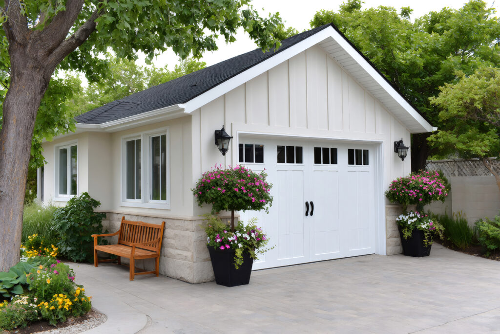 A pretty garage sits nicely surrounded by plants.