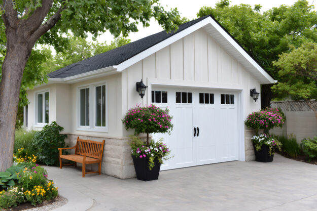 A pretty garage sits nicely surrounded by plants.